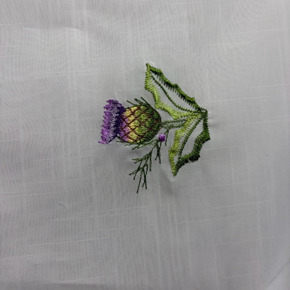 Embroidered white table square/cloth with Purple Thistles